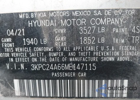 2021 Hyundai Accent Se z USA, uszkodzony, nr VIN 3KPC24A66ME147115
